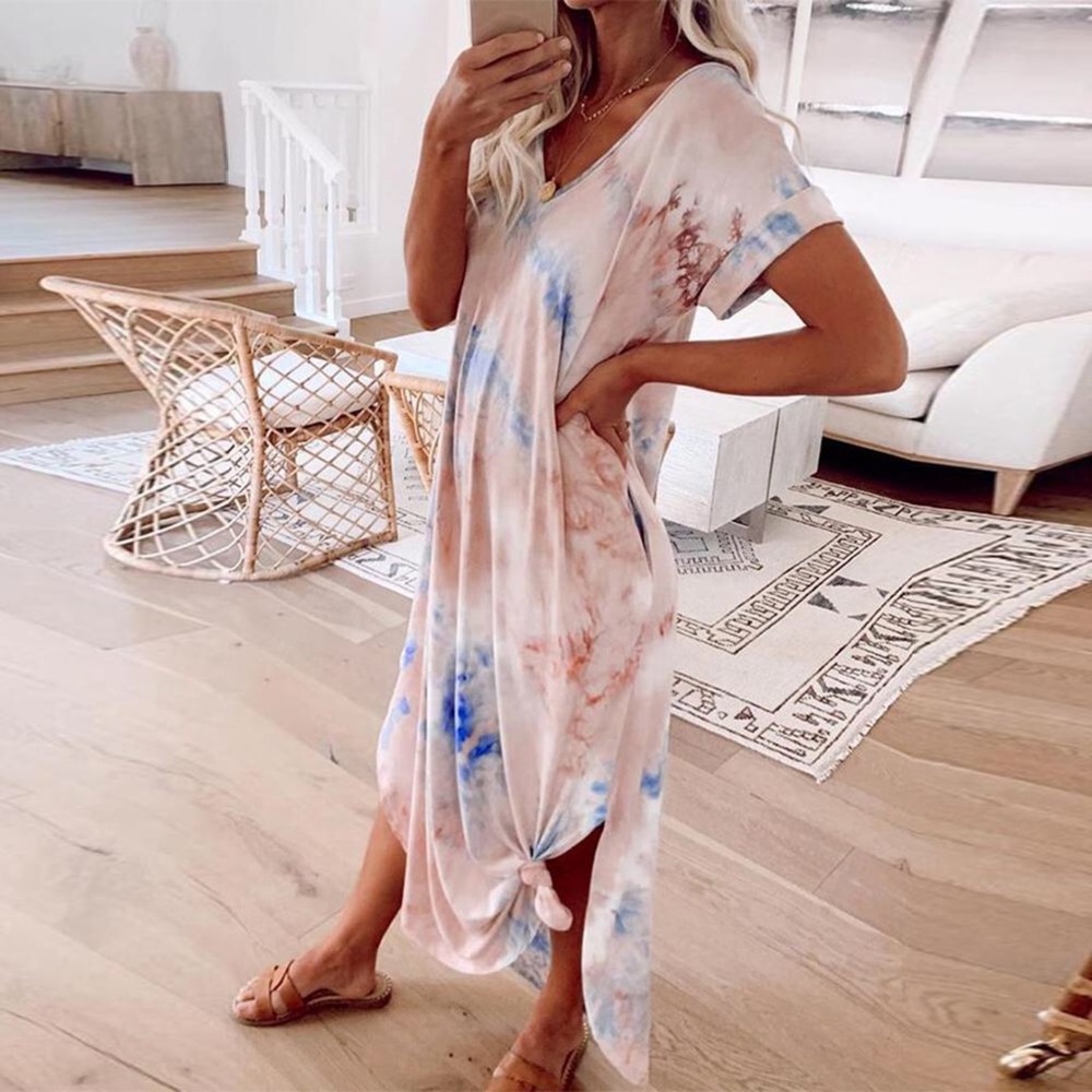 Tie Dye V-Neck Short Sleeve Loose Maxi Dresses - Picture 3 of 4